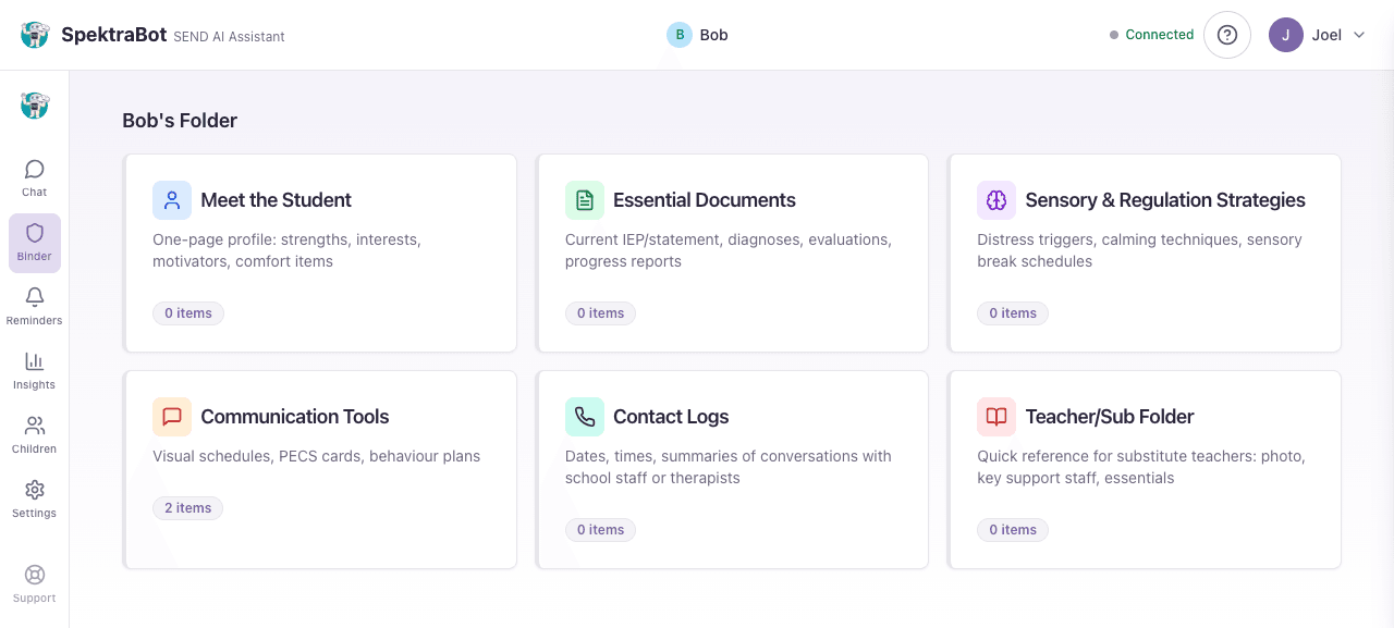 The binder showing six category cards for organising your saved documents