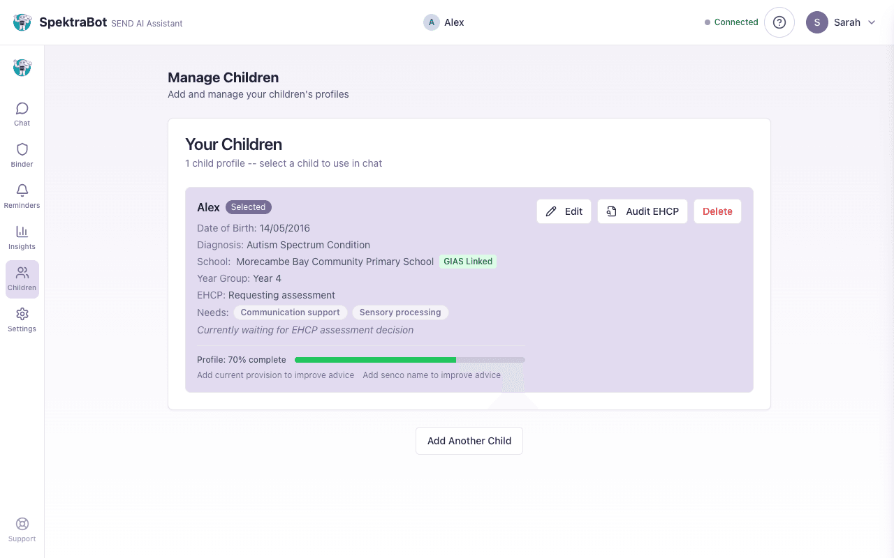 The Children tab showing a child's profile with their details and SEND information
