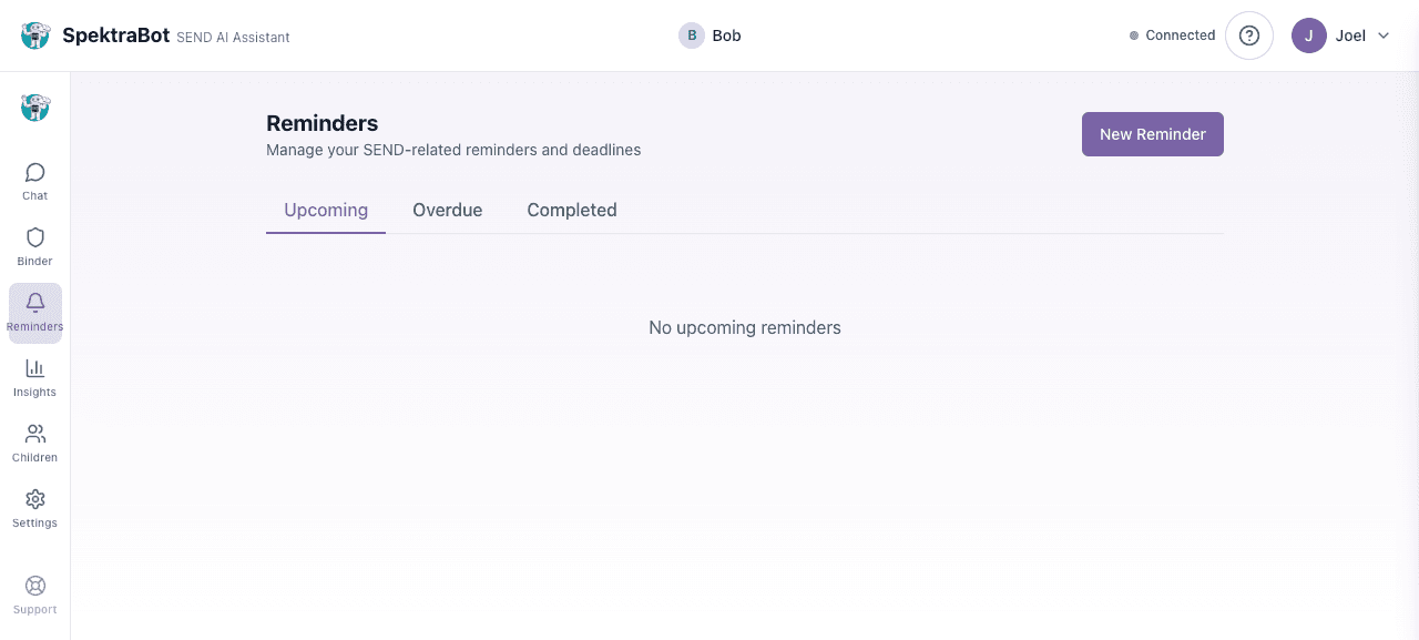 The Reminders tab showing the empty state before any reminders have been created