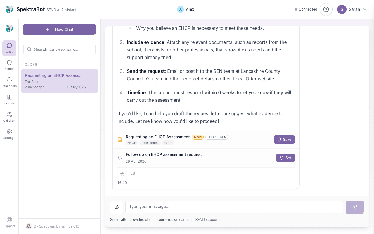 A chat conversation showing a SpektraBot response with options to save to binder and set a reminder